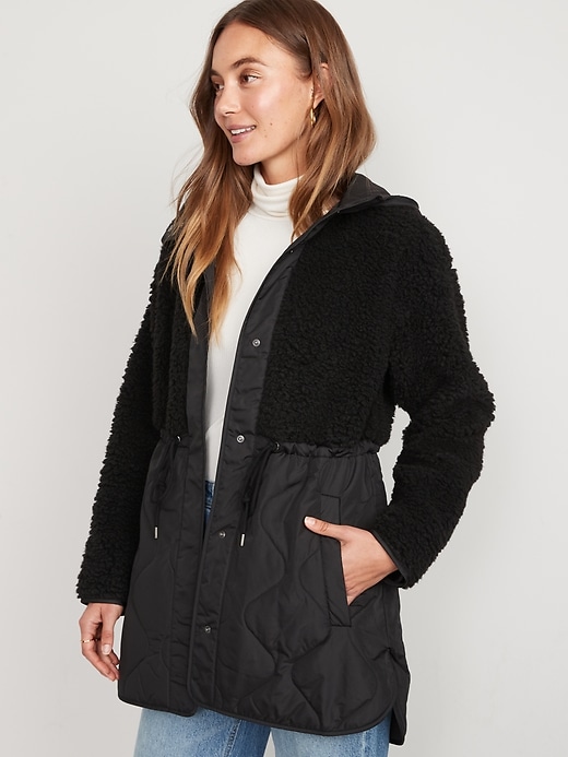 Image number 1 showing, Hooded Sherpa Quilted Hybrid Coat for Women