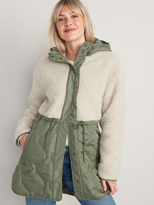 Old Navy Women's Hooded Sherpa Quilted Hybrid Coat (Bare Ground)