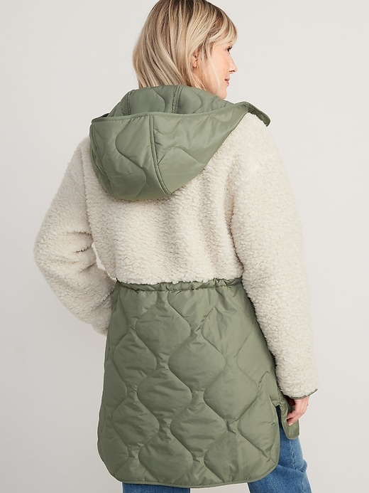 Image number 2 showing, Hooded Sherpa Quilted Hybrid Coat for Women