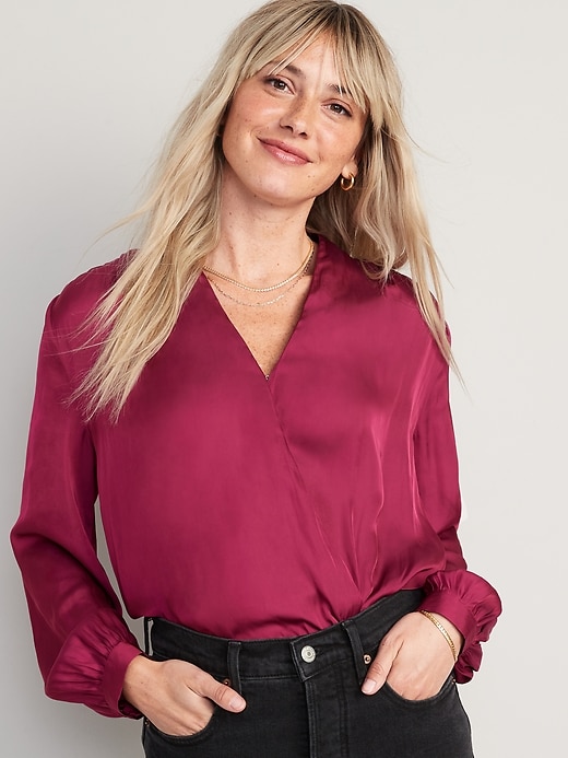 Image number 1 showing, Cross-Front Satin Long-Sleeve Blouse for Women