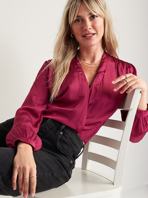 Image number 3 showing, Cross-Front Satin Long-Sleeve Blouse for Women