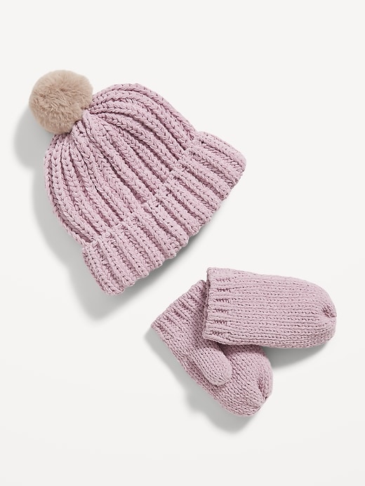 View large product image 1 of 1. Chenille Pom-Pom Beanie and Mittens Set for Toddler Girls