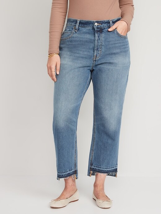 Image number 5 showing, High-Waisted Button-Fly Slouchy Straight Cropped Non-Stretch Cut-Off Jeans for Women