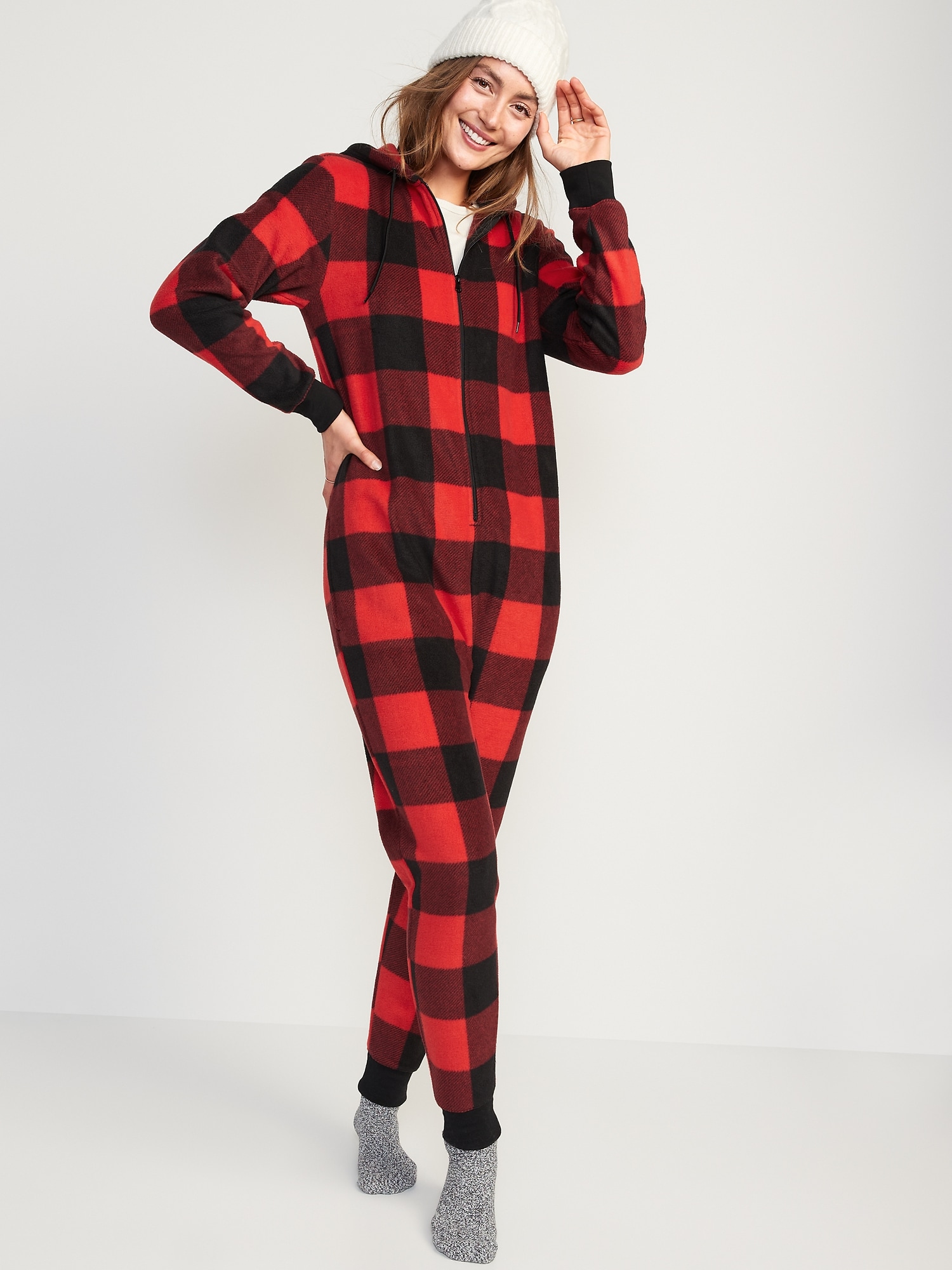 Gender-Neutral Matching Print Microfleece One-Piece Pajamas for Adults ...