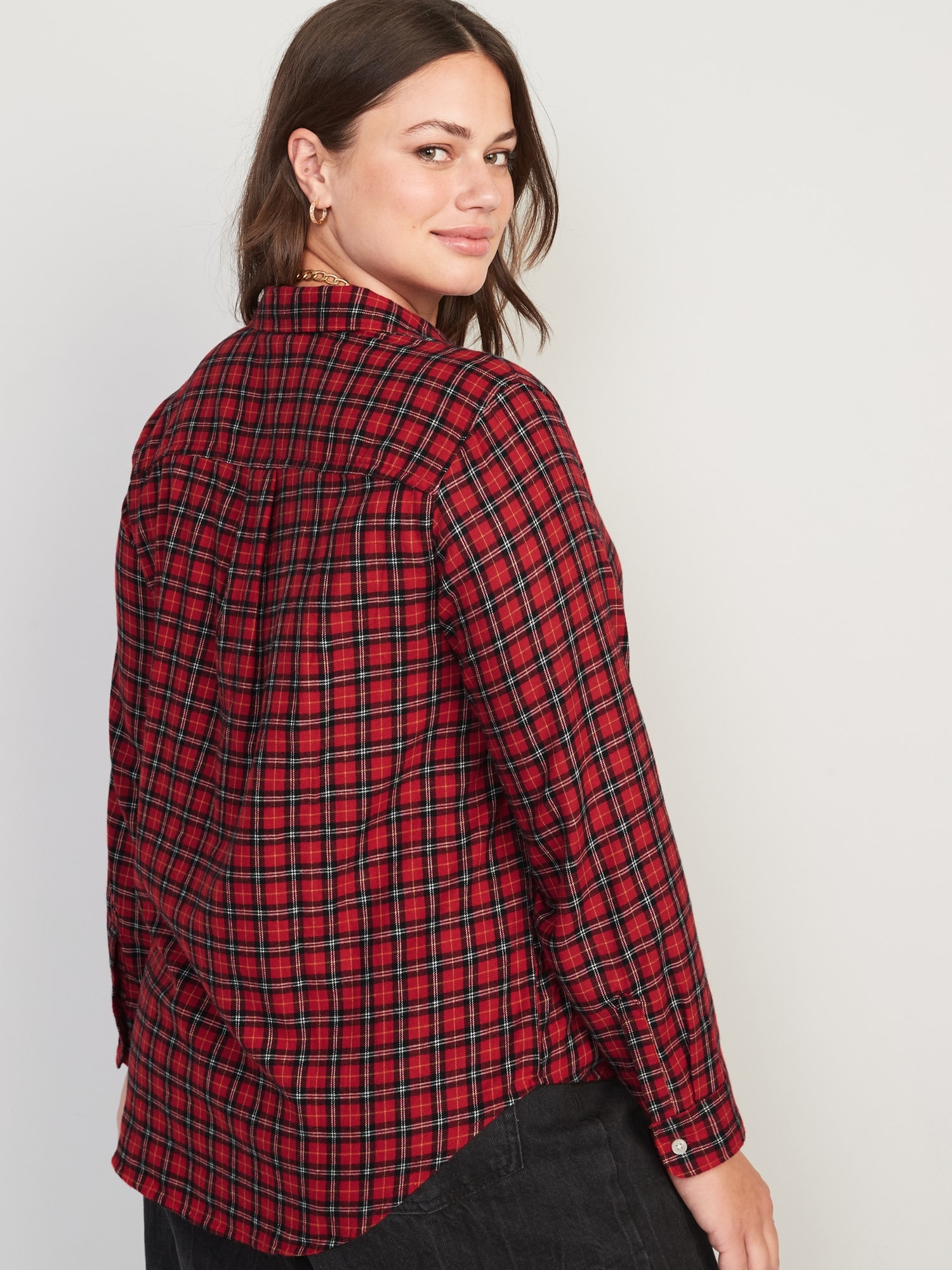 Flannel Button-Up Shirt for Tall Women in Red and Green Tartan XL / Extra Tall / Red and Green Tartan