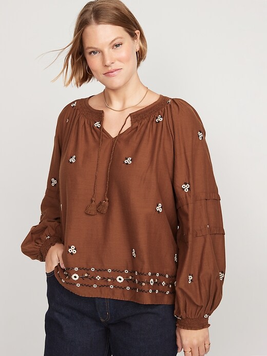 Image number 5 showing, Floral-Embroidered Smocked Tie-Neck Long-Sleeve Top for Women