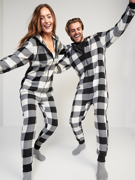 Image number 2 showing, Gender-Neutral Matching Print Microfleece One-Piece Pajamas for Adults