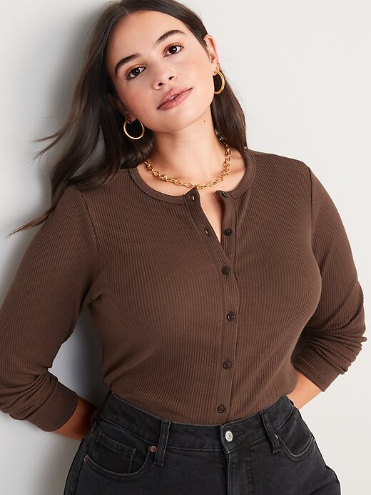 Image number 5 showing, Cropped Rib-Knit Button-Down T-Shirt