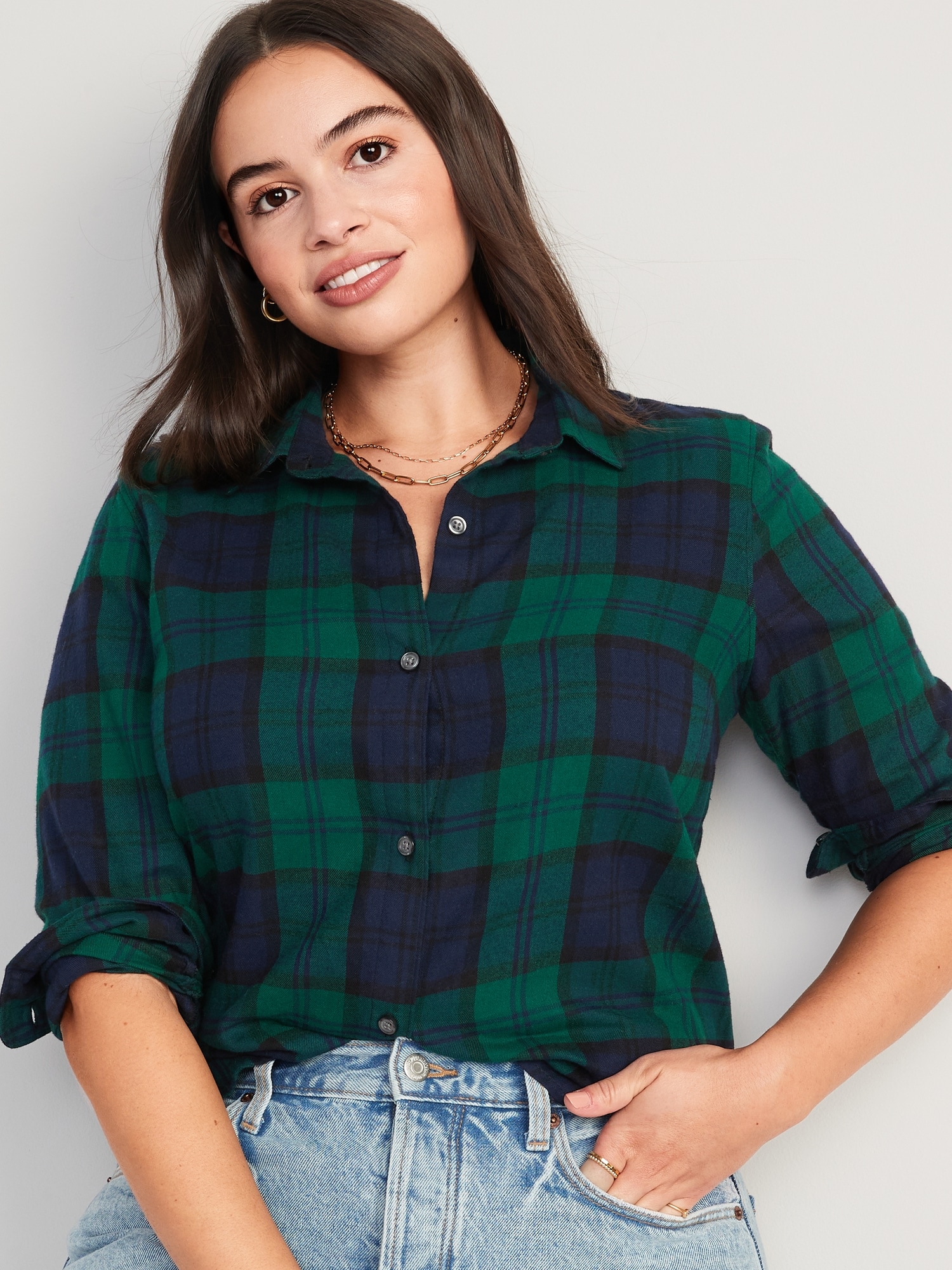 Long-Sleeve Plaid Flannel Shirt for Women