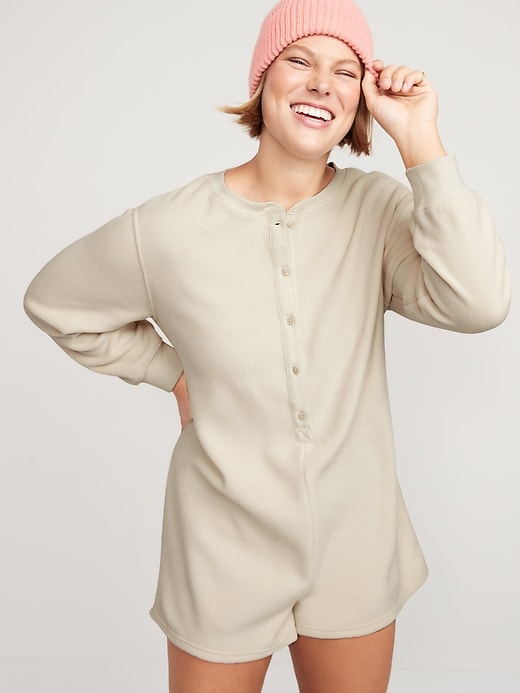 Image number 3 showing, Fleece Henley Pajama Romper -- 3.5-inch inseam