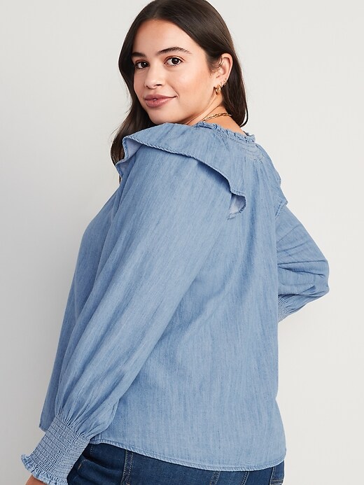 Image number 6 showing, Puff-Sleeve Non-Stretch Jean Ruffle-Trimmed Poet Blouse for Women