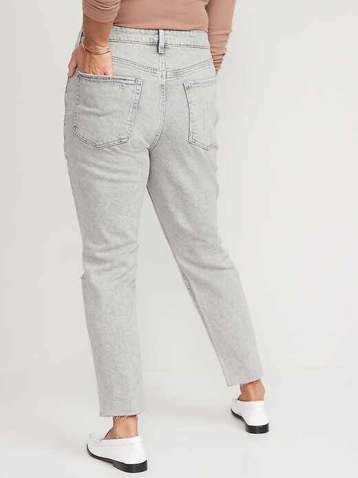 Image number 6 showing, High-Waisted Button-Fly OG Straight Ripped Gray Cut-Off Jeans for Women