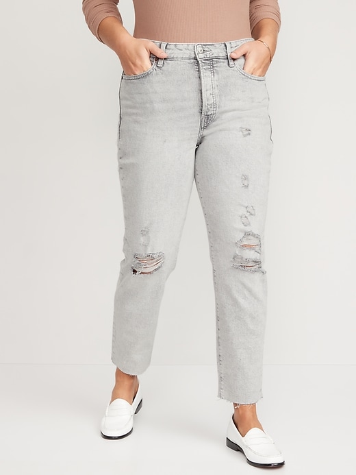 Image number 5 showing, High-Waisted Button-Fly OG Straight Ripped Gray Cut-Off Jeans for Women