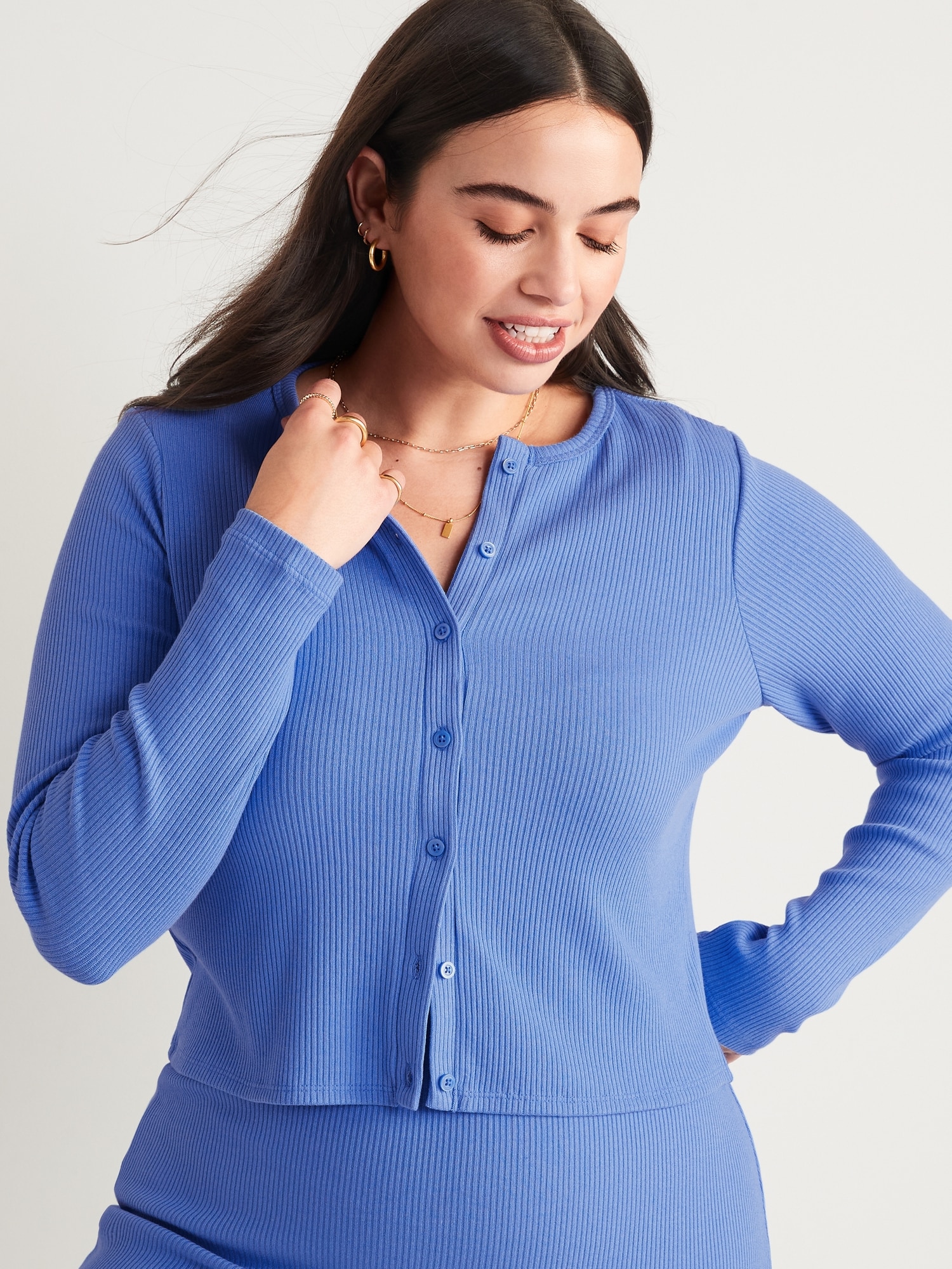 T-Shirt Rib-Knit for Old Cropped | Women Navy Button-Down
