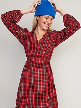 Puff Sleeve Plaid Seersucker Mini Wrap Dress for Women Old Navy