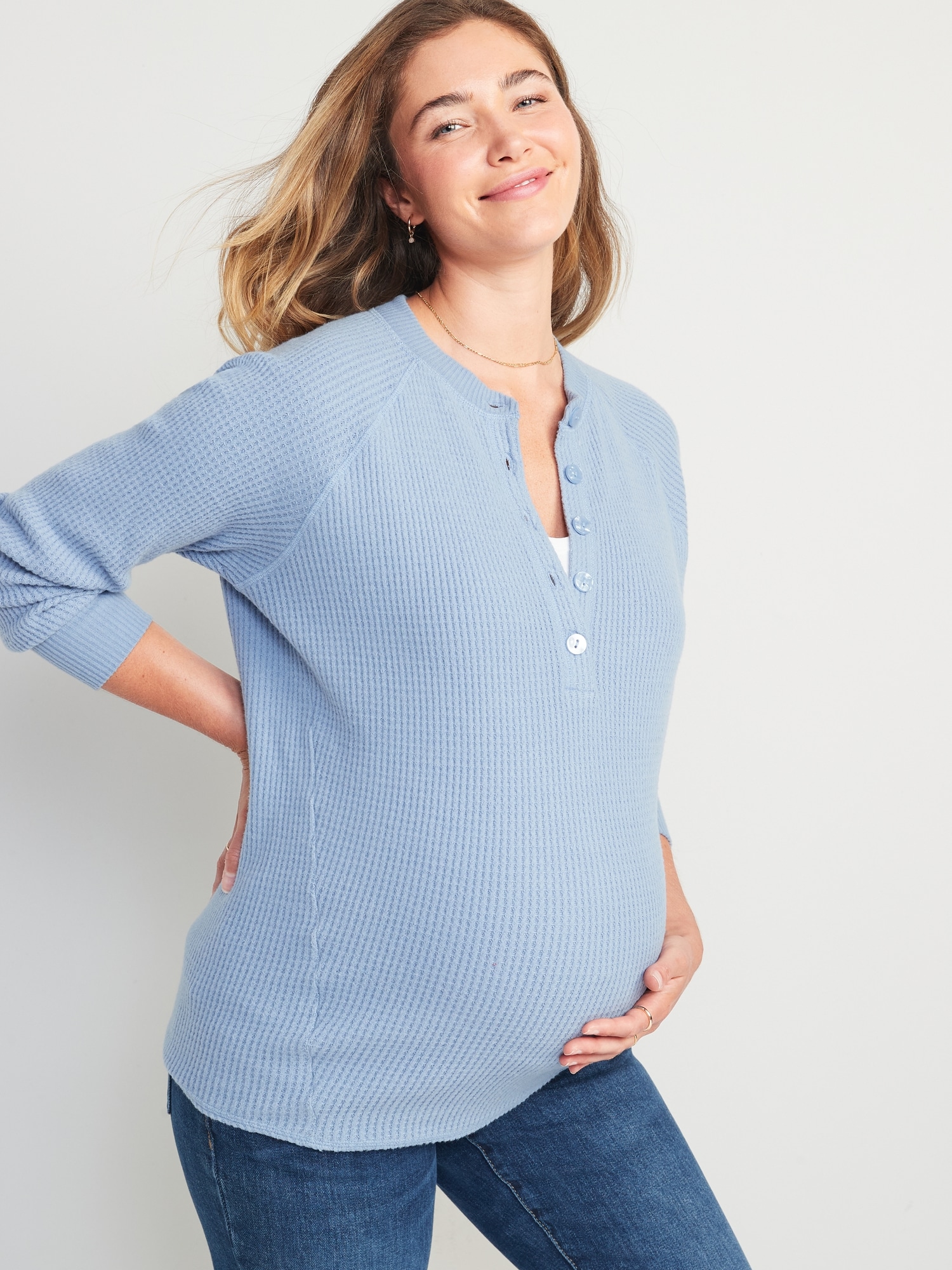 Old Navy Maternity Thermal-Knit Long-Sleeve Henley Tunic Top for Women blue. 1