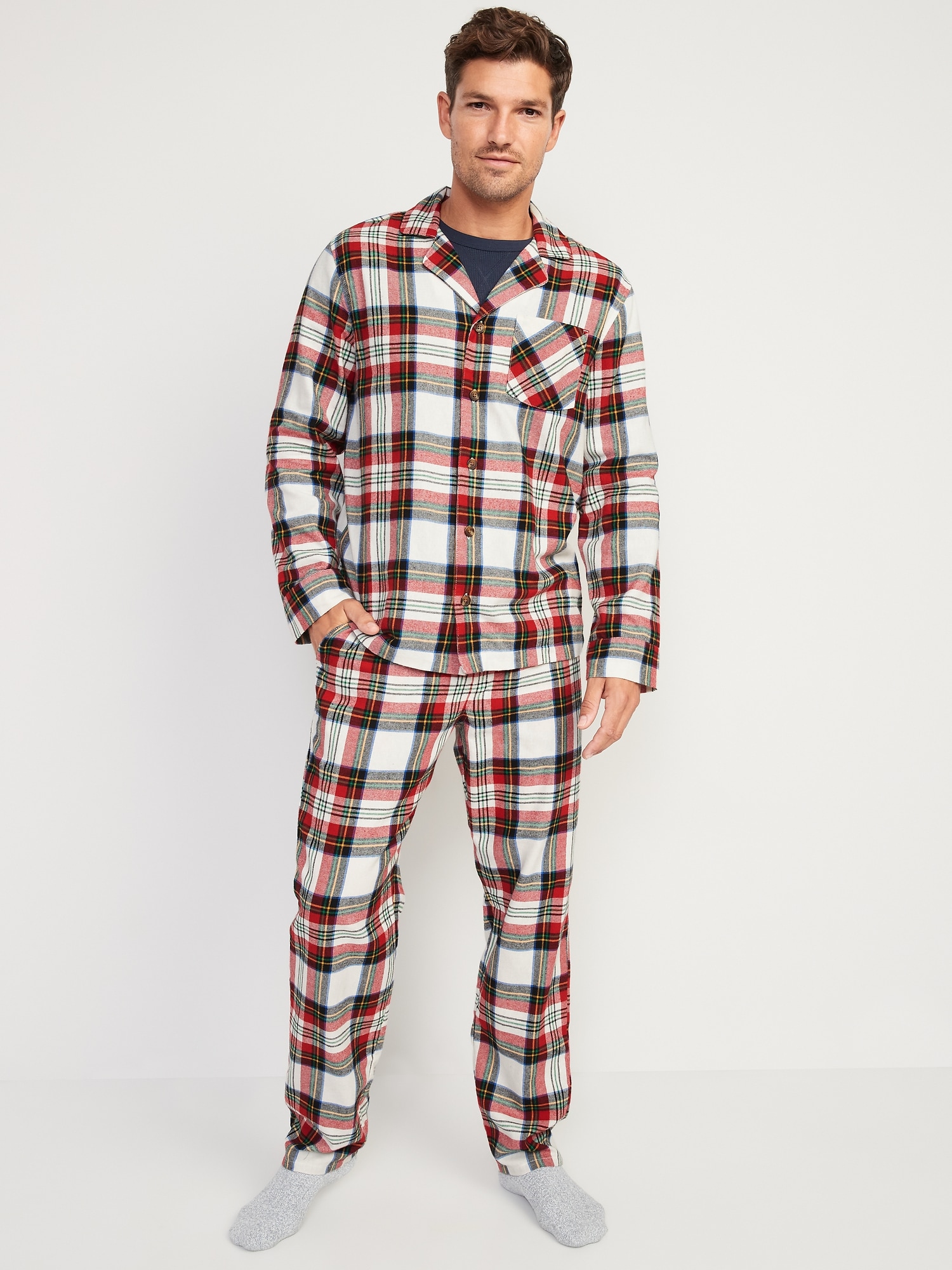 Old Navy Matching Plaid Flannel Pajama Set for Men white. 1