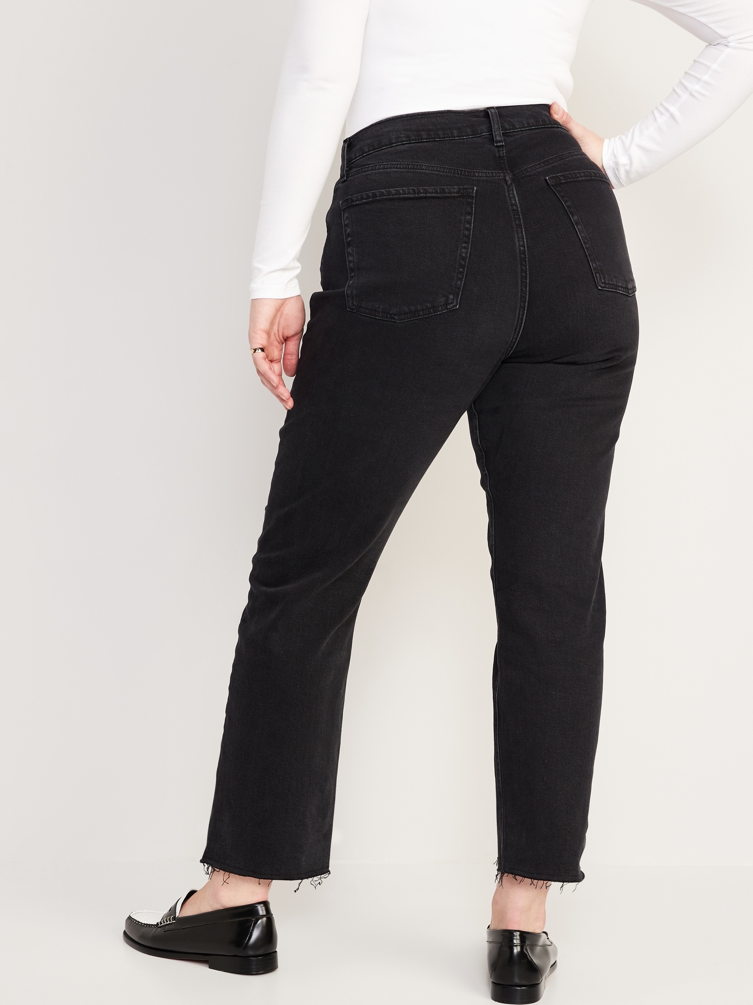 Extra High-Waisted Button-Fly Sky-Hi Straight Cut-Off Black Jeans for ...