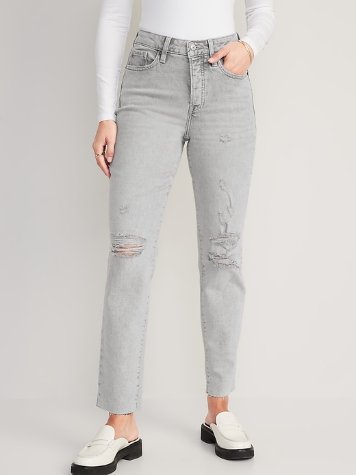 Image number 1 showing, High-Waisted Button-Fly OG Straight Ripped Gray Cut-Off Jeans for Women