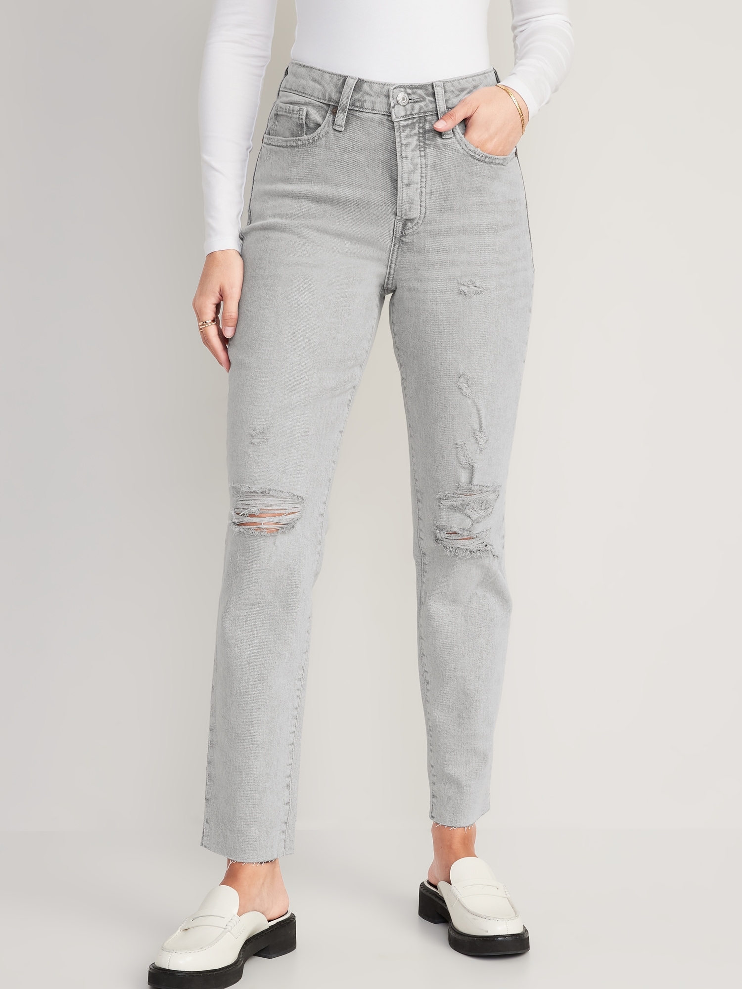 High-Waisted Button-Fly OG Straight Ripped Gray Cut-Off Jeans for Women ...