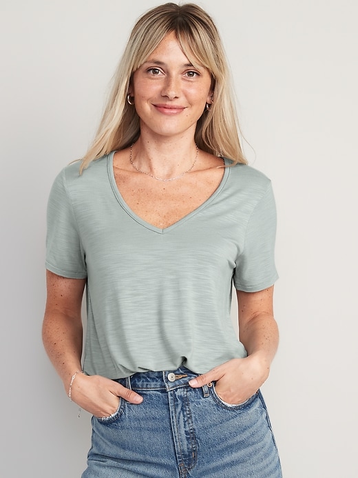 Image number 1 showing, Luxe V-Neck Slub-Knit T-Shirt for Women
