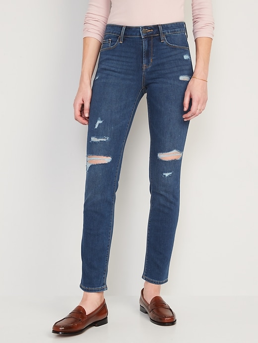 Image number 1 showing, Mid-Rise Power Slim Straight Ripped Jeans for Women