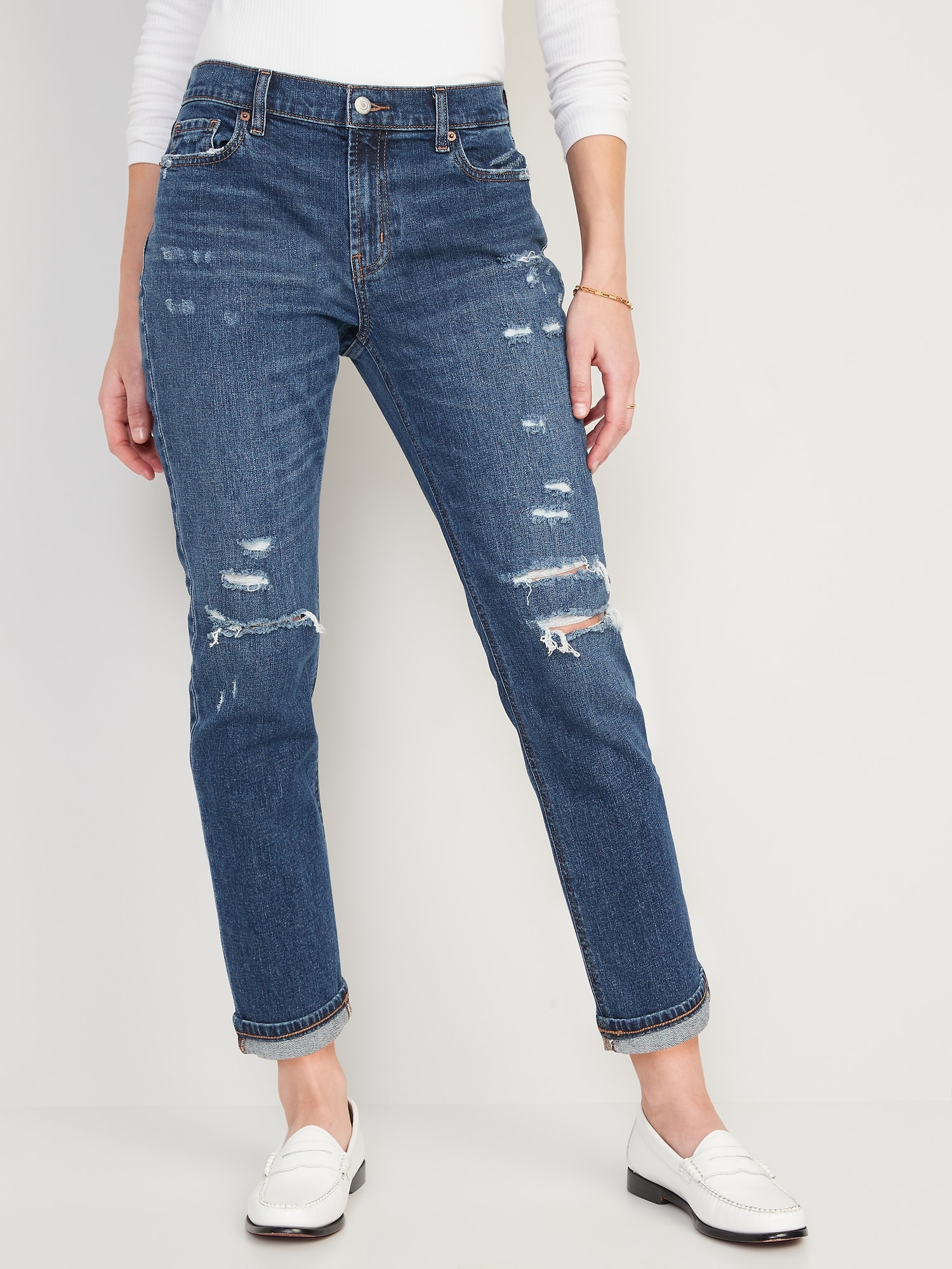 Mid-Rise Straight Ripped Jeans for Women | Navy