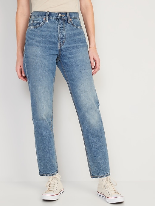 Image number 1 showing, Extra High-Waisted Button-Fly Sky-Hi Straight Non-Stretch Cropped Jeans