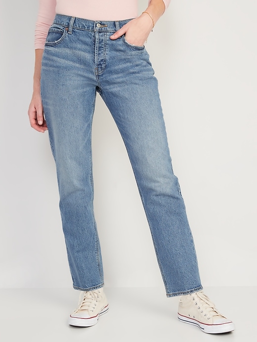 Image number 1 showing, High-Waisted Button-Fly Slouchy Straight Jeans for Women