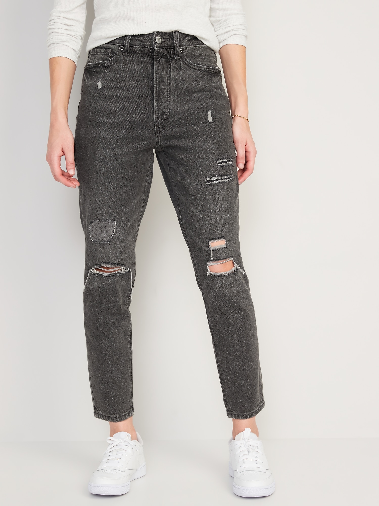 Higher High-Waisted Button-Fly O.G. Straight Ripped Gray Non-Stretch Jeans for Women