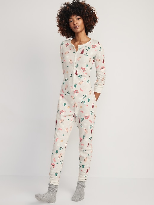 Image number 1 showing, Matching Printed Thermal-Knit One-Piece Pajamas