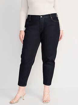 Mid-Rise Button-Fly Slouchy Taper Black Cropped Non-Stretch Jeans for Women