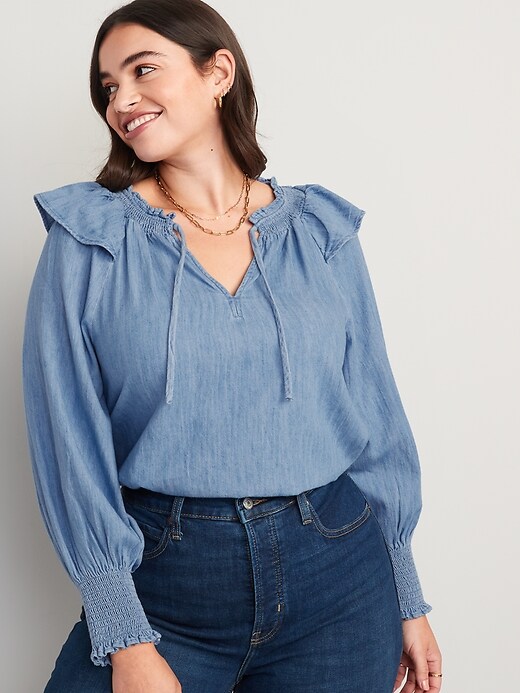 Image number 5 showing, Puff-Sleeve Non-Stretch Jean Ruffle-Trimmed Poet Blouse for Women