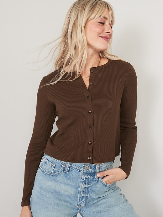 Image number 1 showing, Cropped Rib-Knit Button-Down T-Shirt