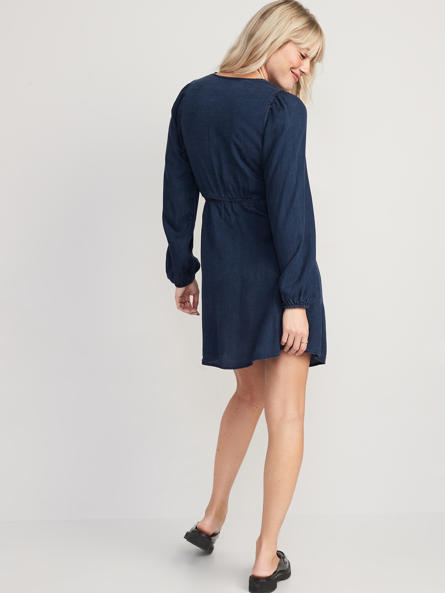 Puff-Sleeve Jean Mini Wrap Dress for Women