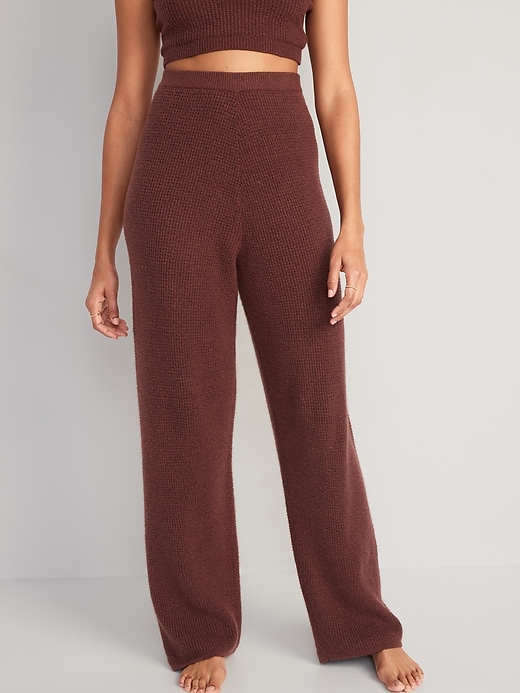 Image number 1 showing, High-Waisted Slouchy Waffle-Knit Wide-Leg Lounge Sweatpants