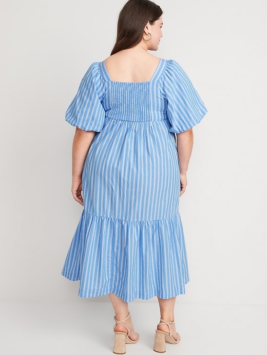 Image number 8 showing, Fit & Flare Puff-Sleeve Cotton-Poplin Smocked All-Day Midi Dress for Women