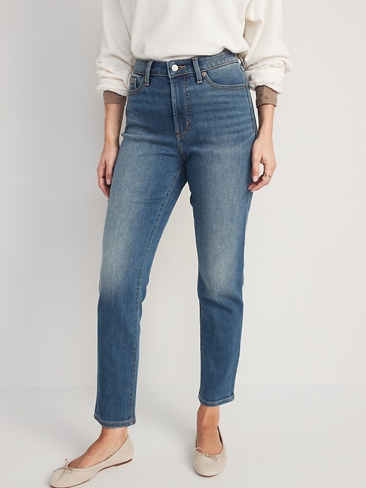 Image number 1 showing, High-Waisted OG Straight Medium-Wash Built-In Warm Ankle Jeans