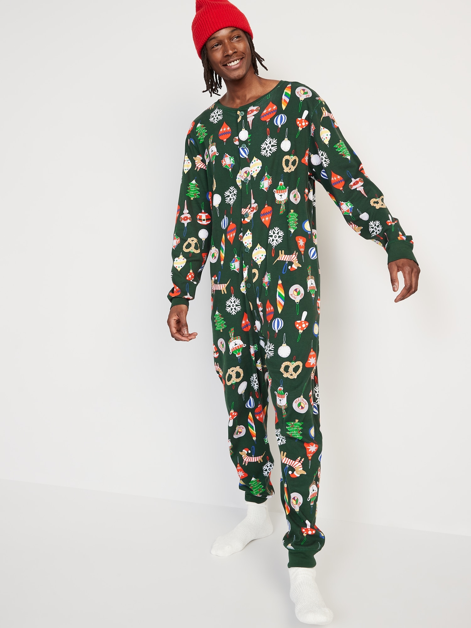 Old Navy Matching Christmas Print One-Piece Pajamas for Men green. 1