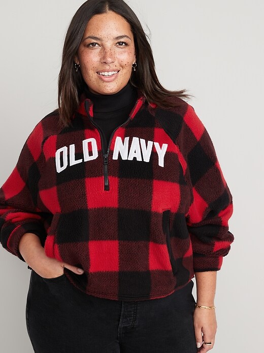 Image number 6 showing, Oversized Buffalo Plaid Logo Sherpa Quarter-Zip Sweatshirt for Women