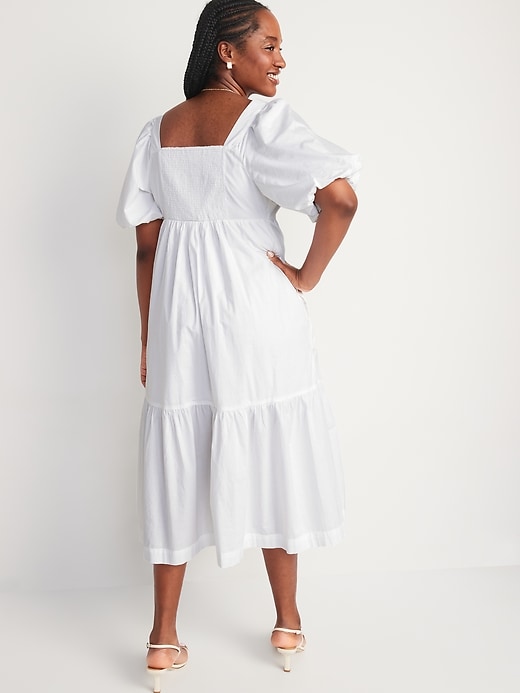 Image number 6 showing, Fit & Flare Puff-Sleeve Cotton-Poplin Smocked All-Day Midi Dress for Women