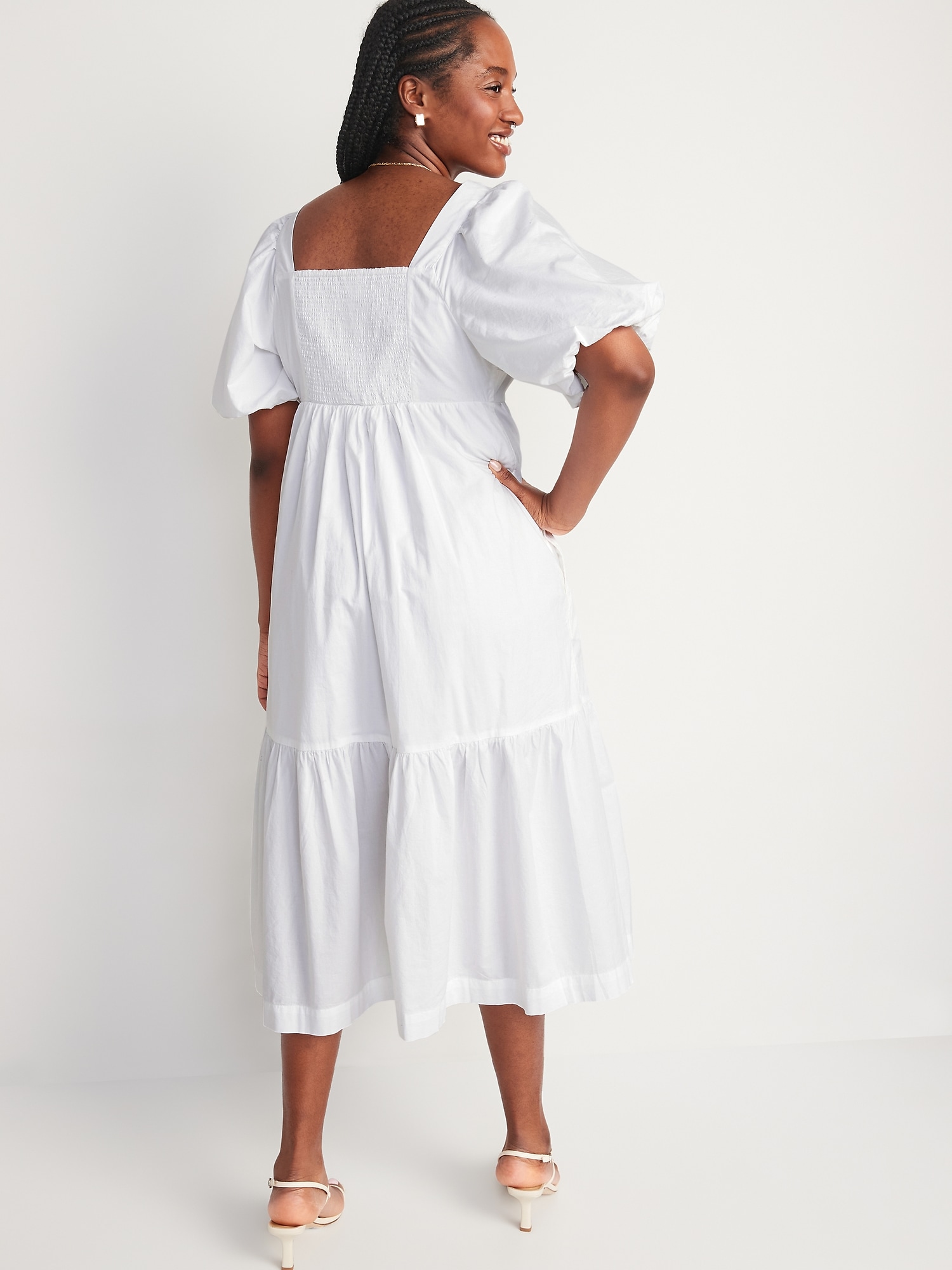 Fit & Flare Puff-Sleeve Cotton-Poplin Smocked All-Day Midi Dress