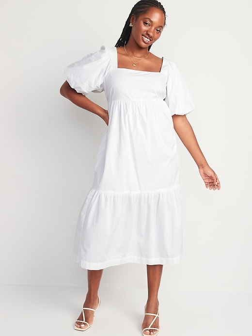 Image number 5 showing, Fit & Flare Puff-Sleeve Cotton-Poplin Smocked All-Day Midi Dress for Women