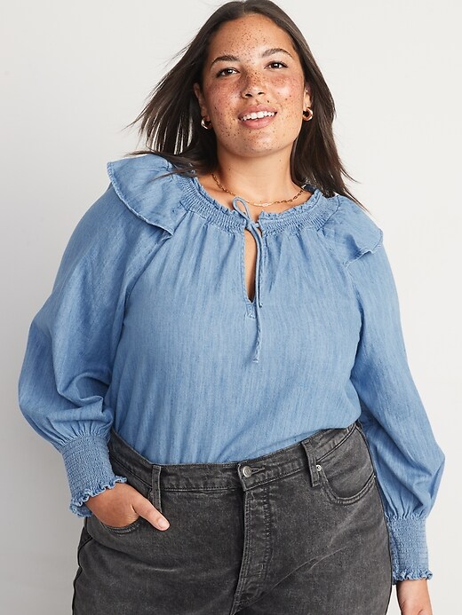 Image number 7 showing, Puff-Sleeve Non-Stretch Jean Ruffle-Trimmed Poet Blouse for Women
