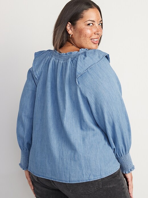 Image number 8 showing, Puff-Sleeve Non-Stretch Jean Ruffle-Trimmed Poet Blouse for Women