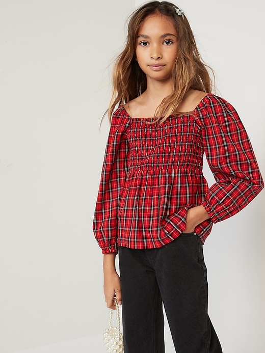 Old Navy Long-Sleeve Smocked Plaid Cutout Bow Top for Girls. 1