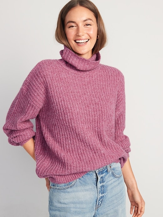 Image number 1 showing, Shaker-Stitch Tunic-Length Turtleneck Sweater