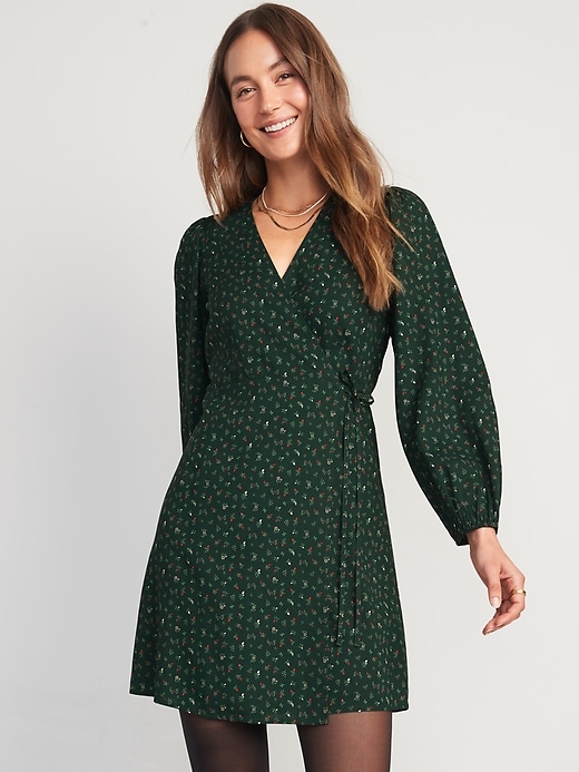 Image number 1 showing, Puff-Sleeve Mini Wrap Dress