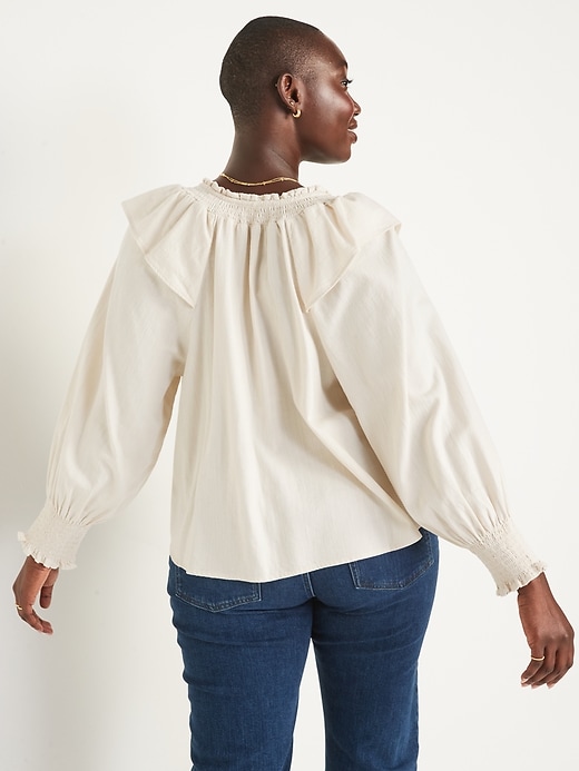 Image number 6 showing, Puff-Sleeve White-Wash Ruffle-Trimmed Smocked Jean Blouse for Women
