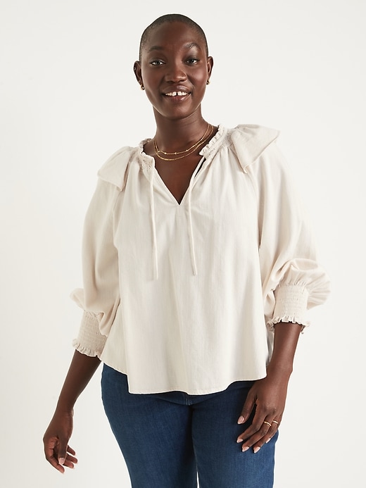 Image number 5 showing, Puff-Sleeve White-Wash Ruffle-Trimmed Smocked Jean Blouse for Women
